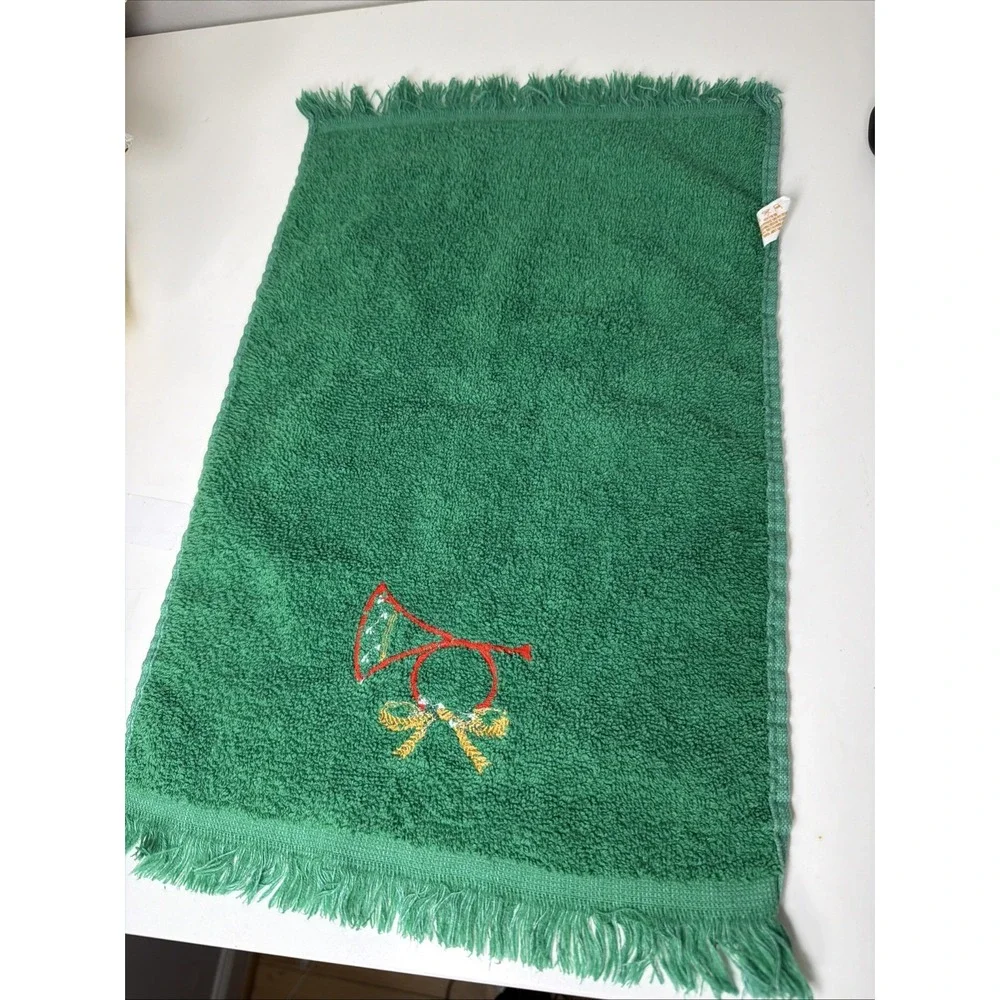 VTG Hand Towel Hunter Green Embroidery HolidayCannon USA Fringed‎ Cottagecore